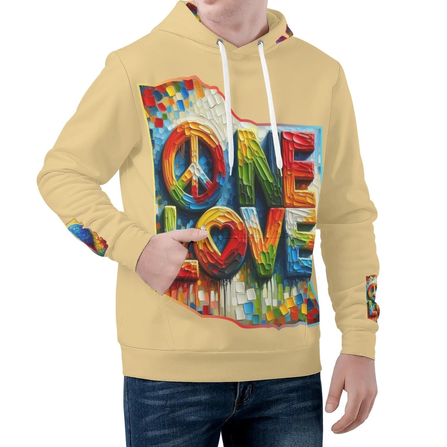 Mens All Over Print Warm Velvet Lined Hoodie "Peace & Love"