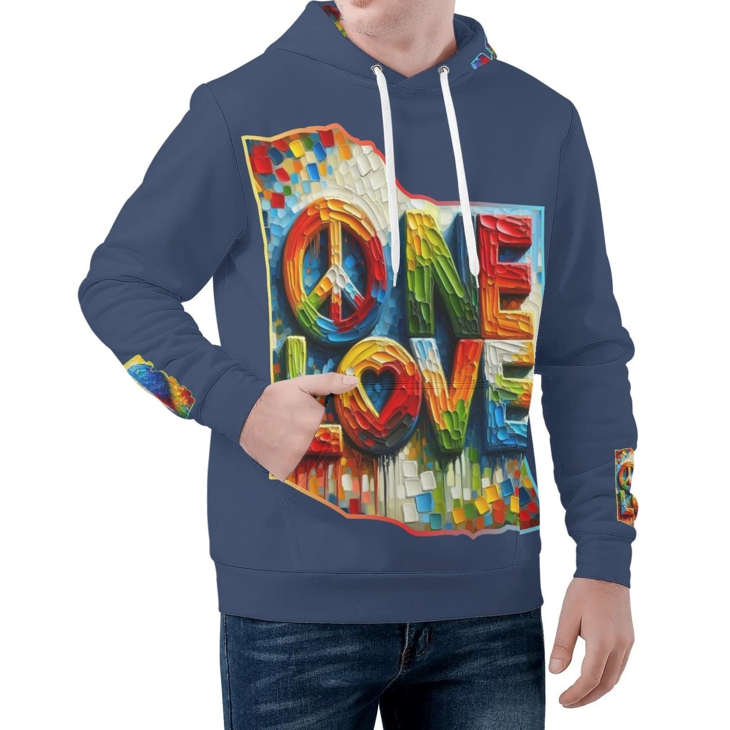 Mens All Over Print Warm Velvet Lined Hoodie "Peace & Love"