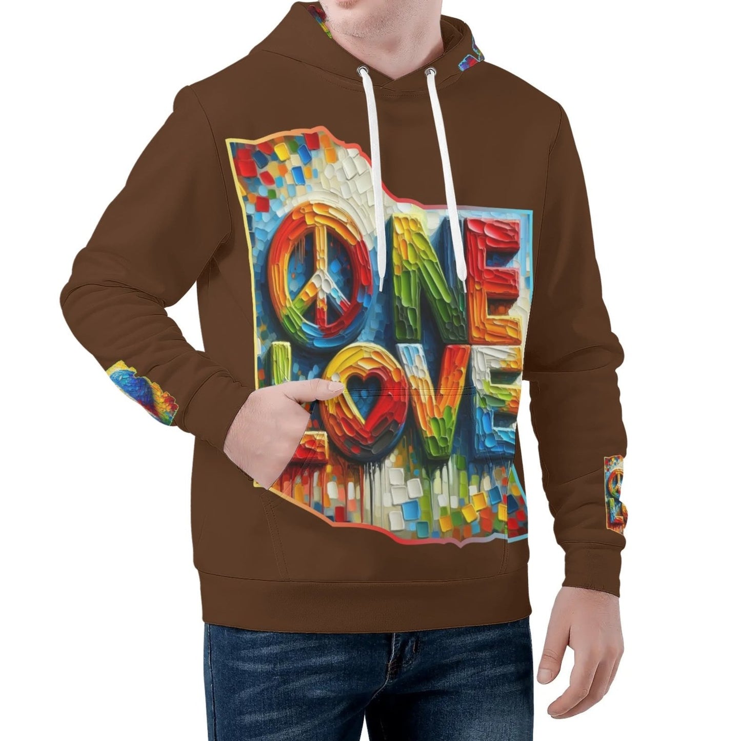 Mens All Over Print Warm Velvet Lined Hoodie "Peace & Love"