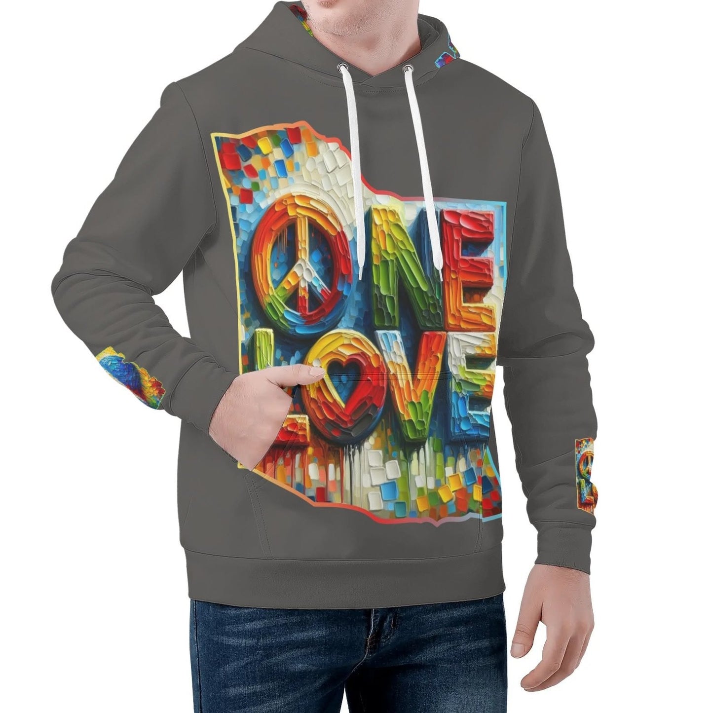 Mens All Over Print Warm Velvet Lined Hoodie "Peace & Love"