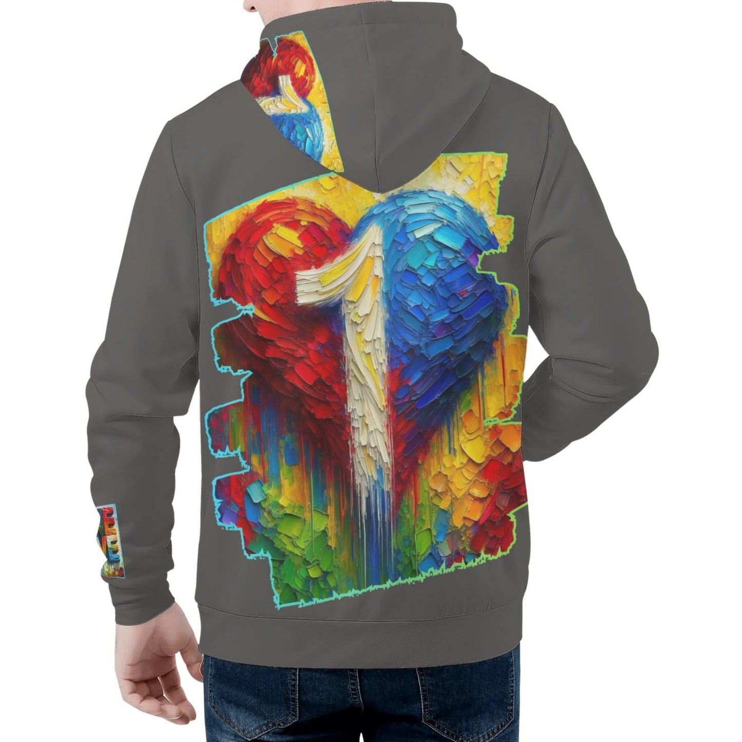 Mens All Over Print Warm Velvet Lined Hoodie "Peace & Love"