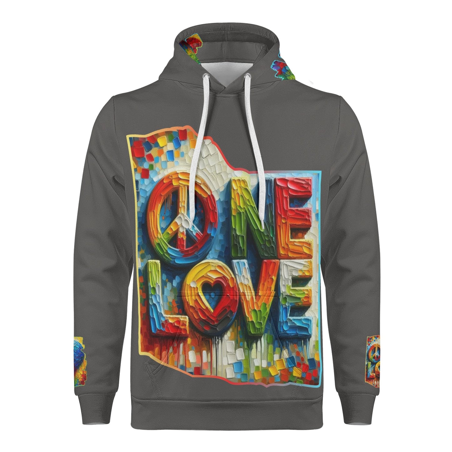 Mens All Over Print Warm Velvet Lined Hoodie "Peace & Love"