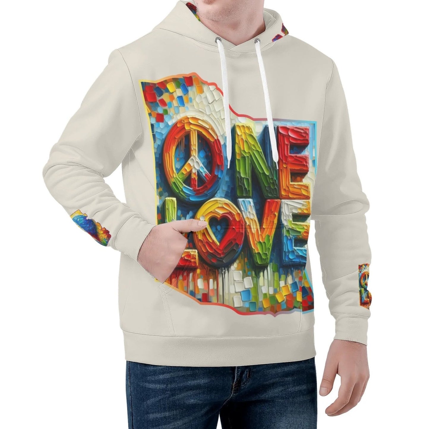 Mens All Over Print Warm Velvet Lined Hoodie "Peace & Love"