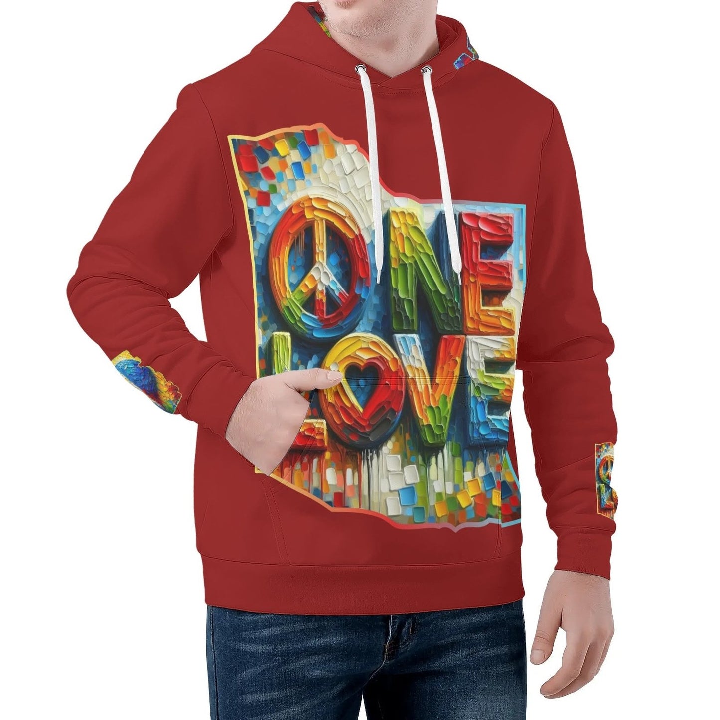 Mens All Over Print Warm Velvet Lined Hoodie "Peace & Love"