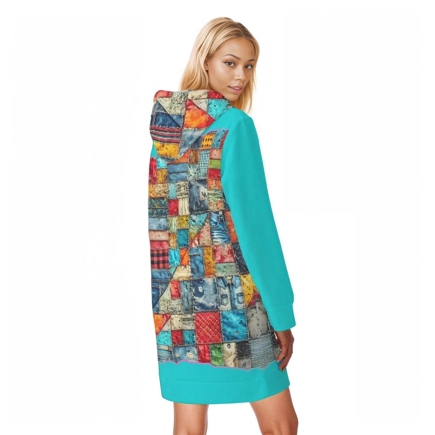 Womens Warm Velvet Pullover Hoodie Dress Patchwork Print