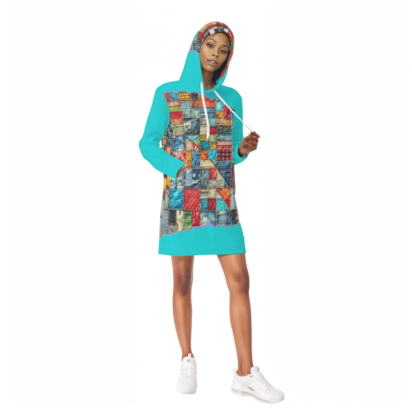 Womens Warm Velvet Pullover Hoodie Dress Patchwork Print