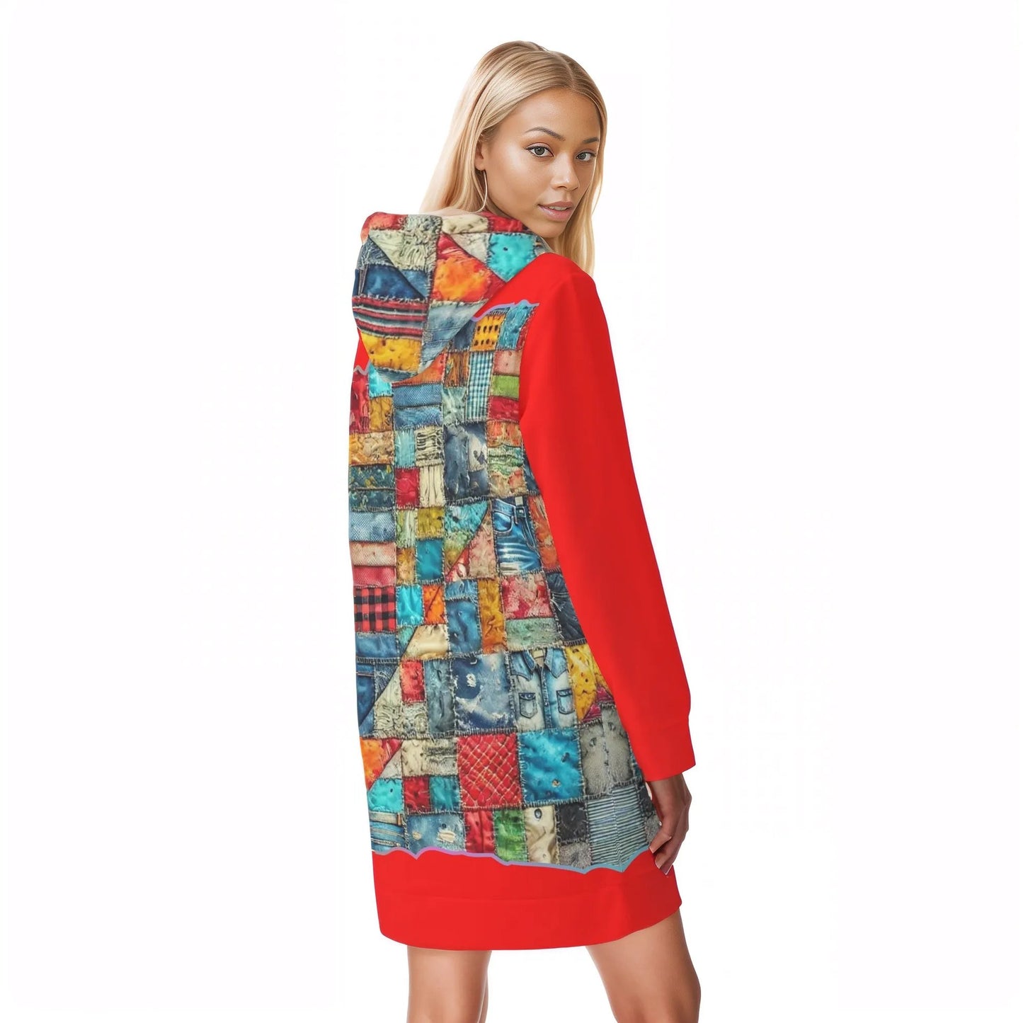 Womens Warm Velvet Pullover Hoodie Dress Patchwork Print