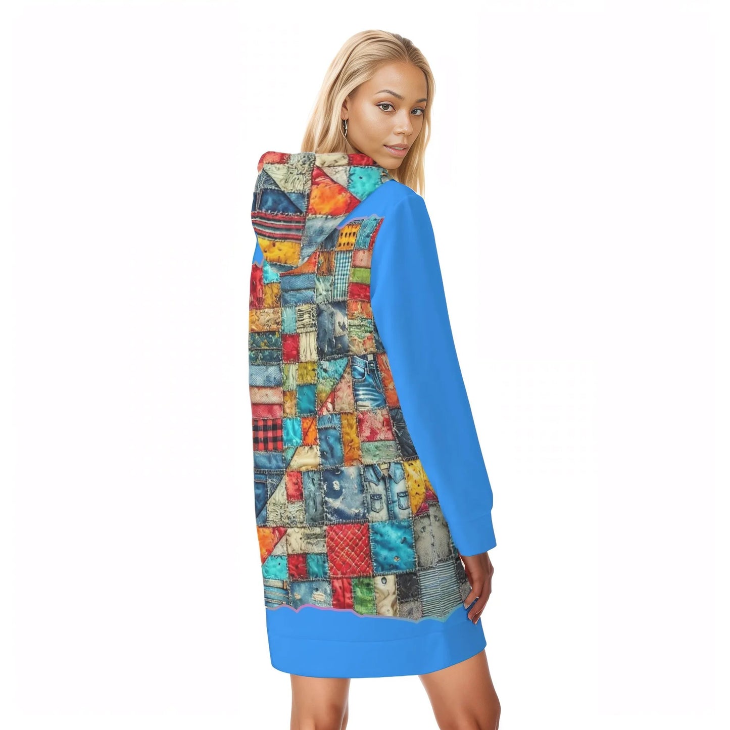 Womens Warm Velvet Pullover Hoodie Dress Patchwork Print