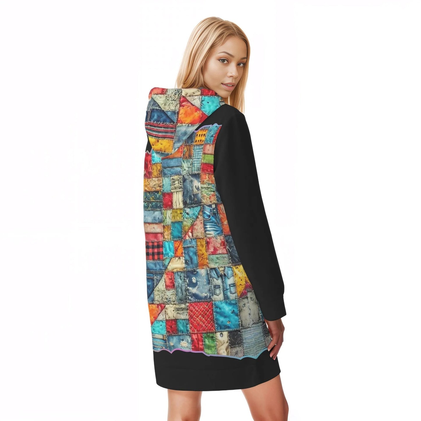 Womens Warm Velvet Pullover Hoodie Dress Patchwork Print