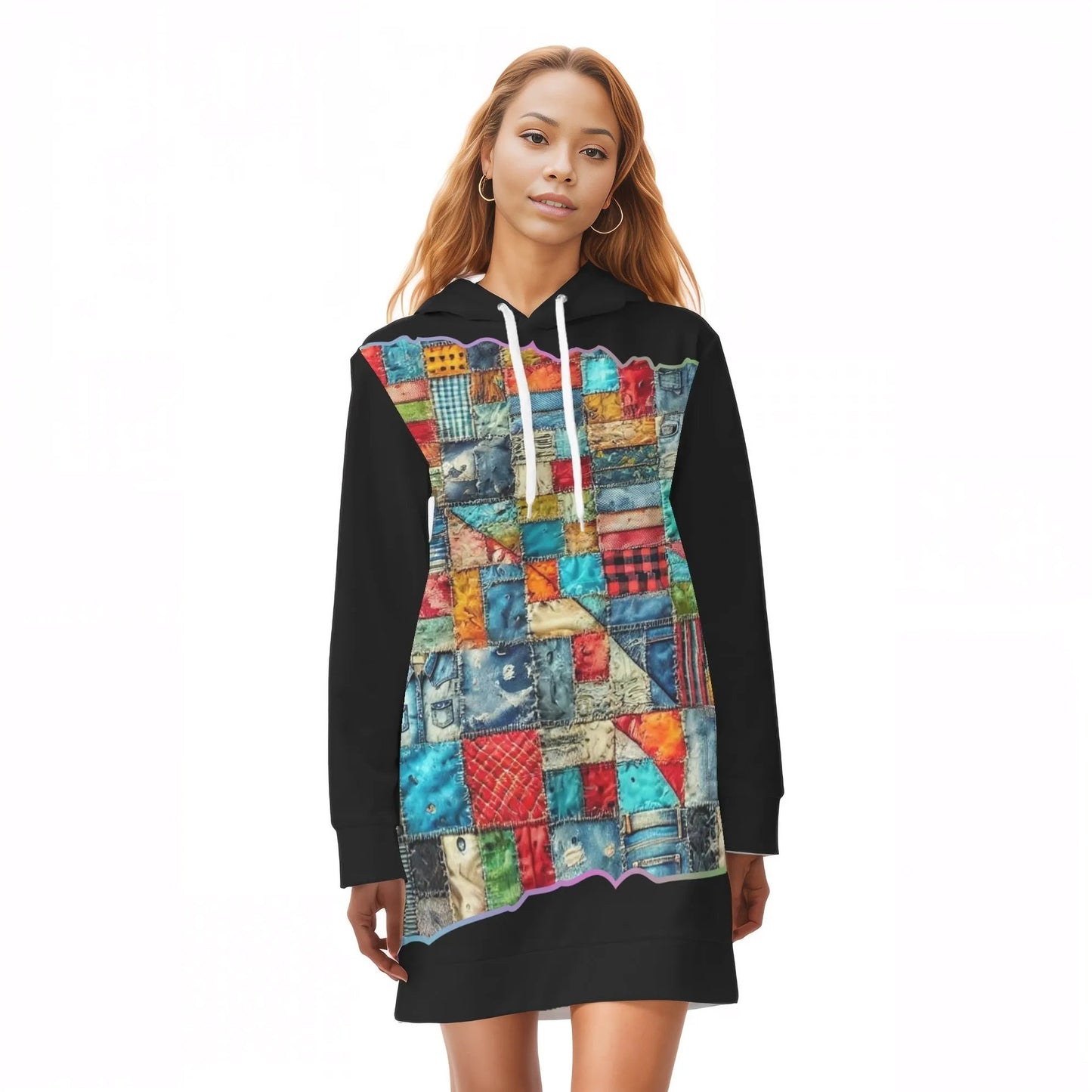 Womens Warm Velvet Pullover Hoodie Dress Patchwork Print