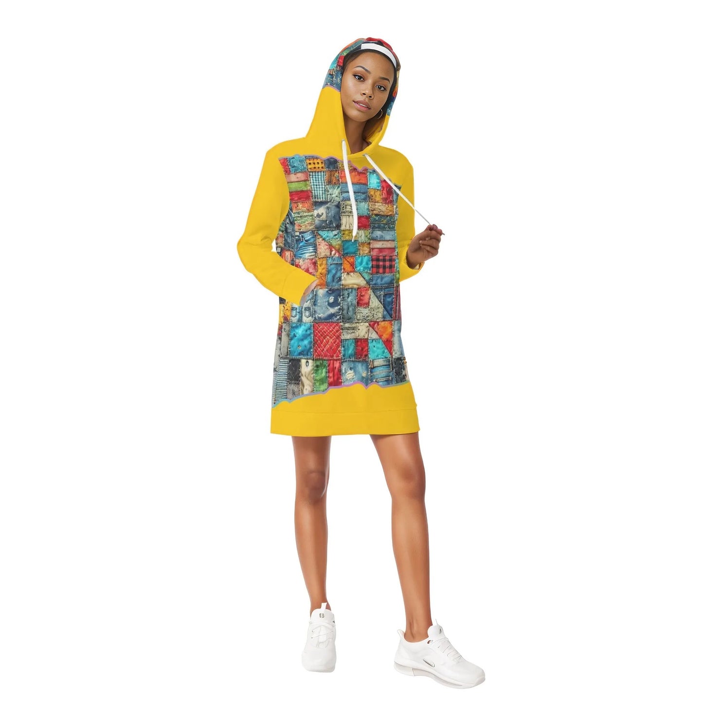 Womens Warm Velvet Pullover Hoodie Dress Patchwork Print