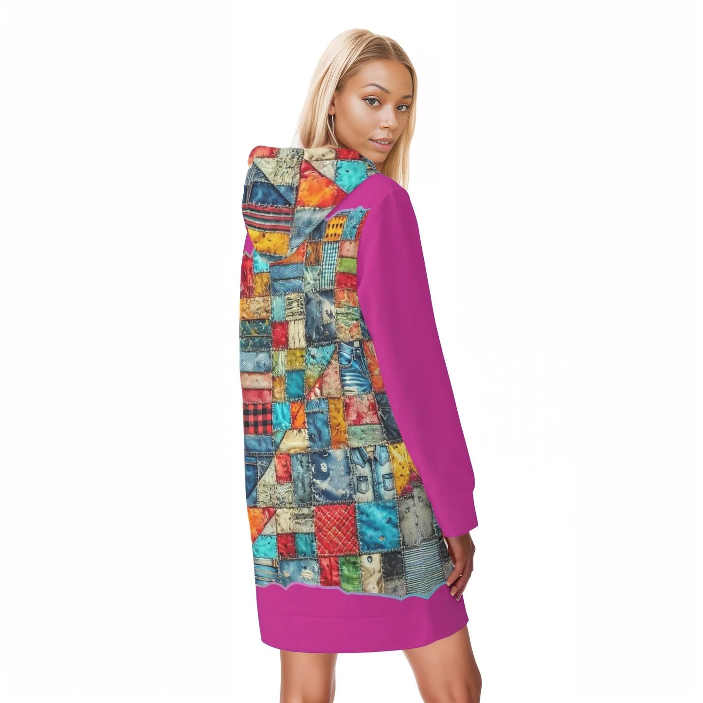 Womens Warm Velvet Pullover Hoodie Dress Patchwork Print