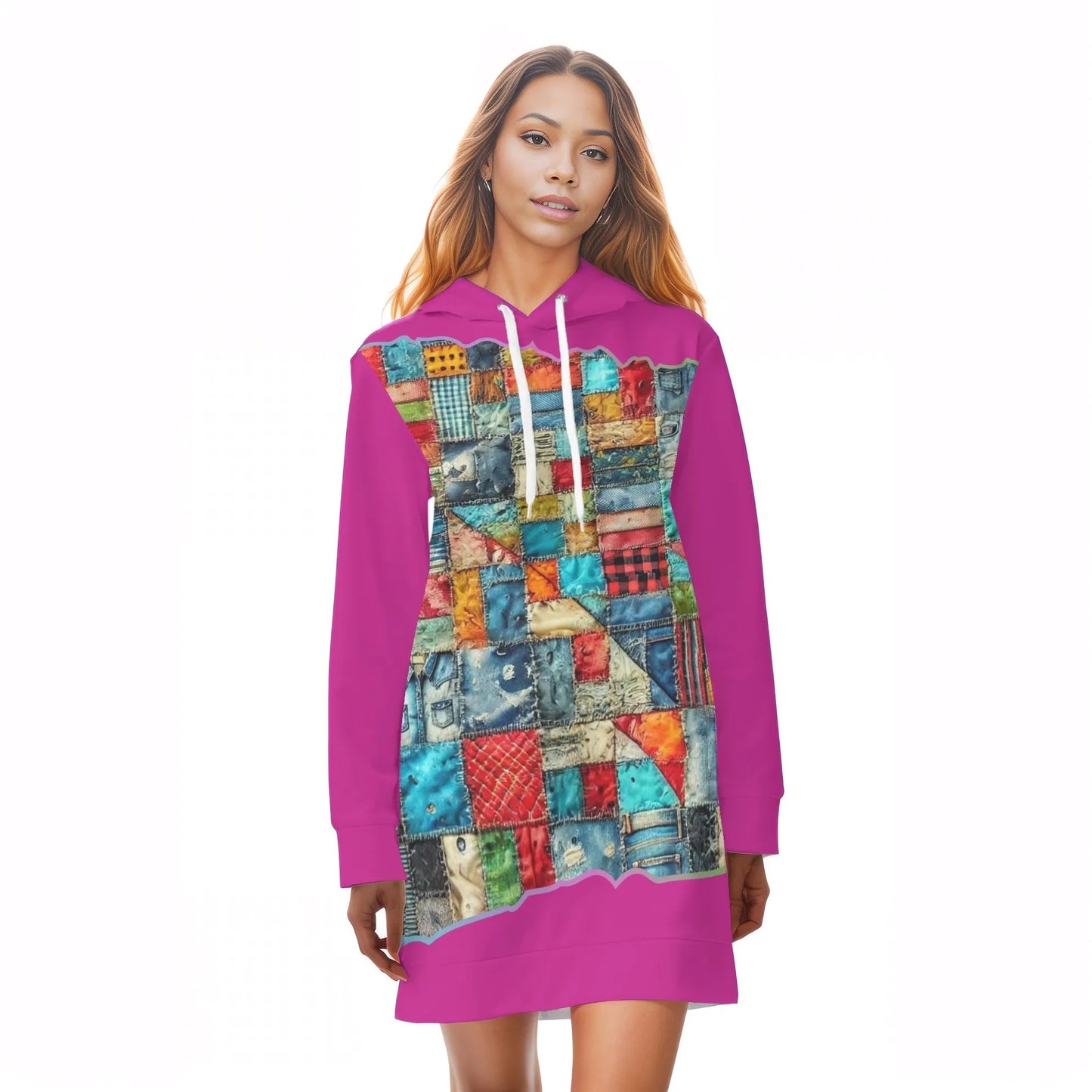 Womens Warm Velvet Pullover Hoodie Dress Patchwork Print