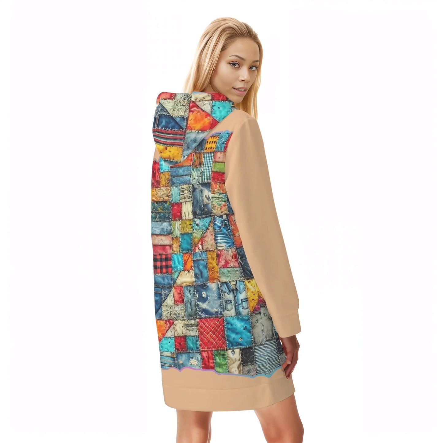 Womens Warm Velvet Pullover Hoodie Dress Patchwork Print