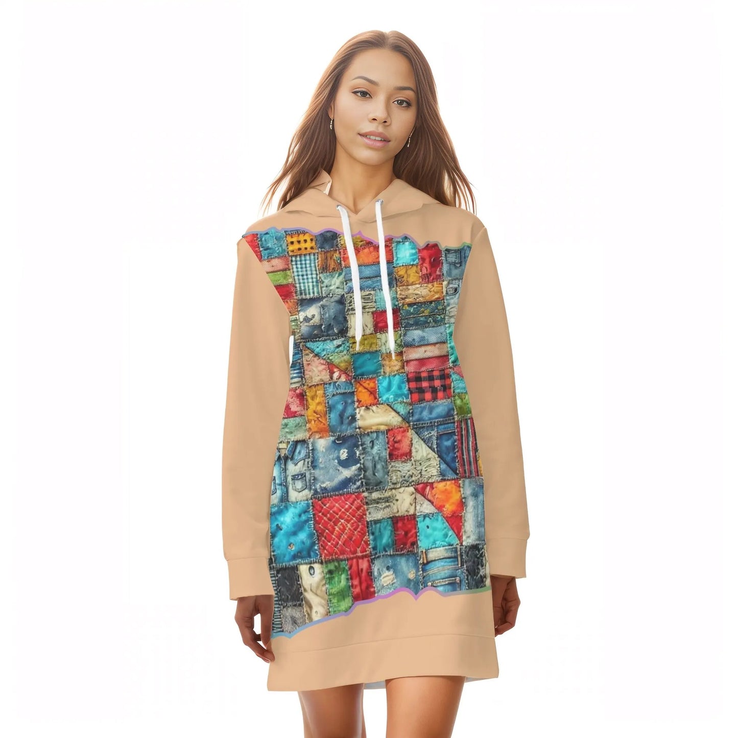 Womens Warm Velvet Pullover Hoodie Dress Patchwork Print