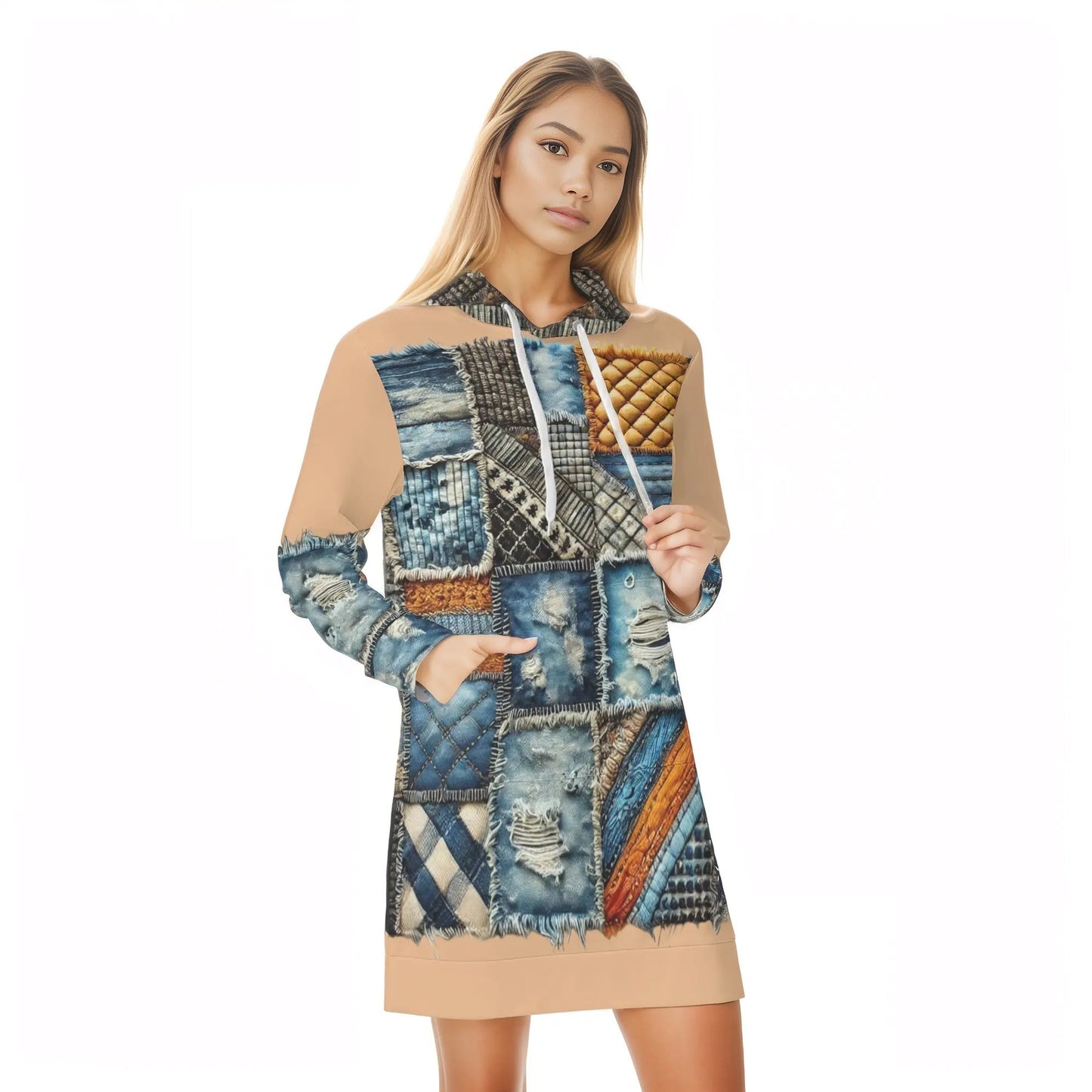 Womens Warm Velvet Pullover Hoodie Dress Denim Patchwork Print