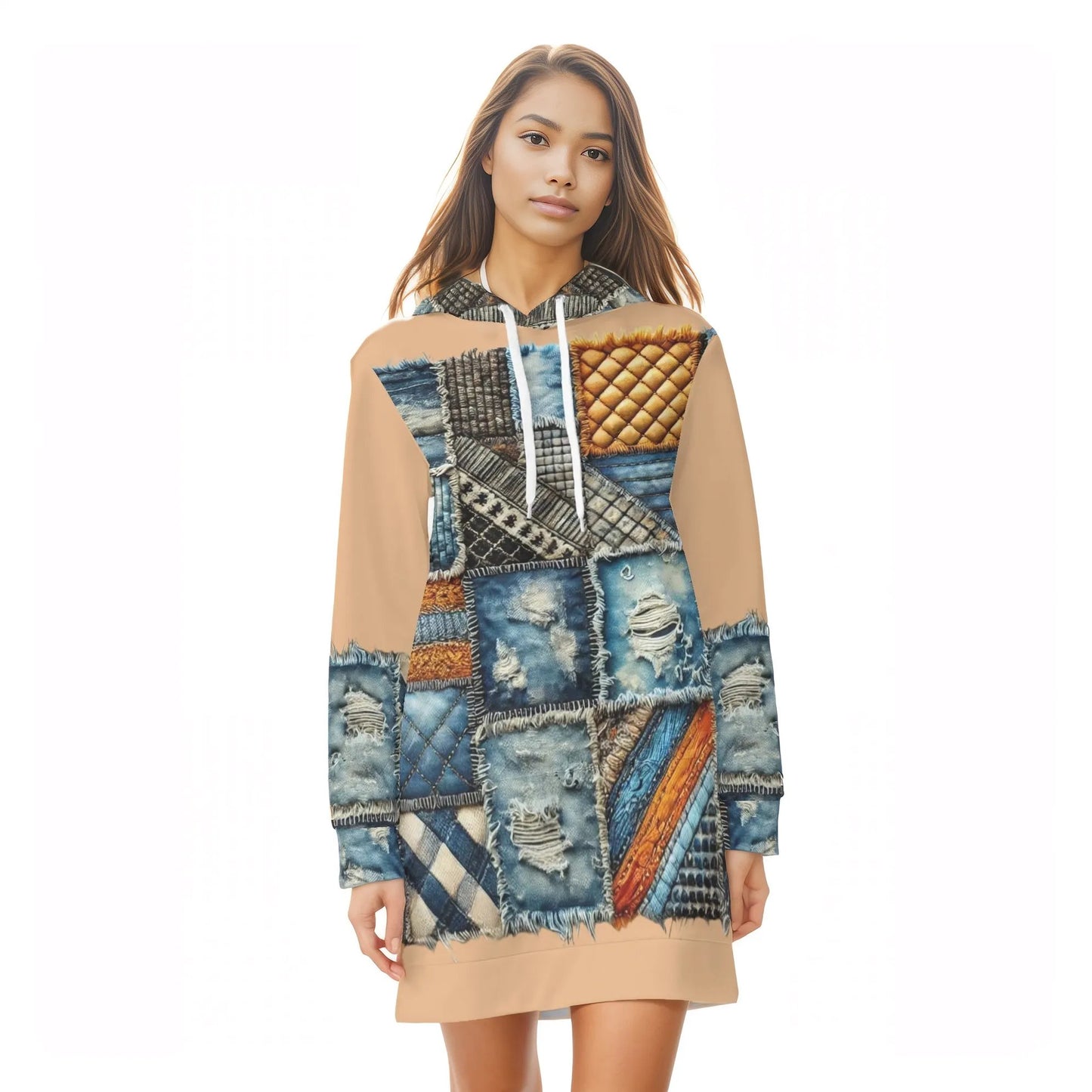 Womens Warm Velvet Pullover Hoodie Dress Denim Patchwork Print