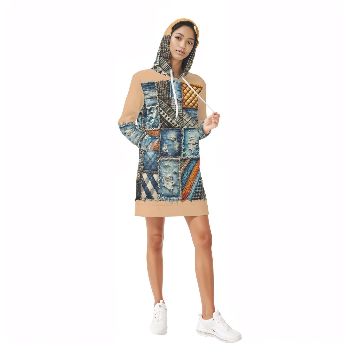 Womens Warm Velvet Pullover Hoodie Dress Denim Patchwork Print