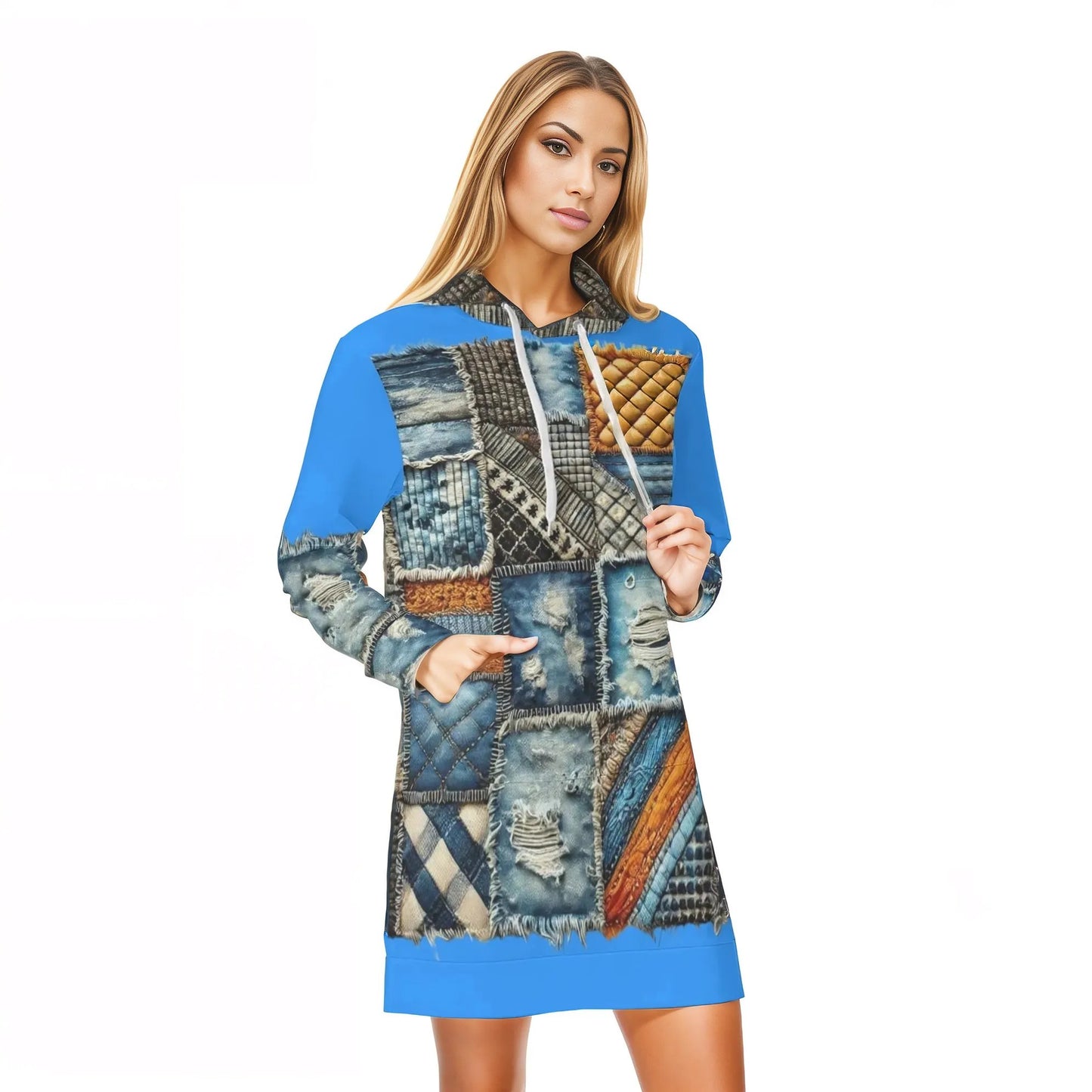 Womens Warm Velvet Pullover Hoodie Dress Denim Patchwork Print