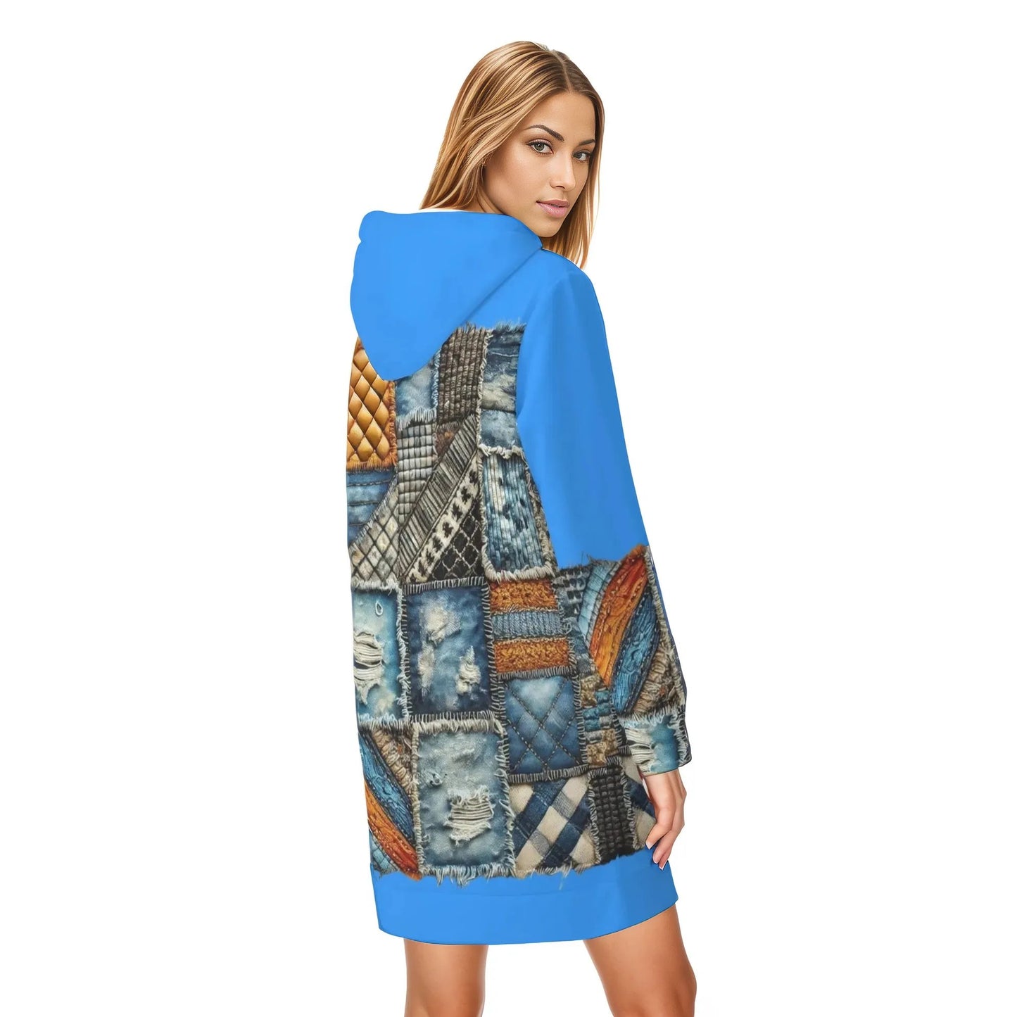 Womens Warm Velvet Pullover Hoodie Dress Denim Patchwork Print