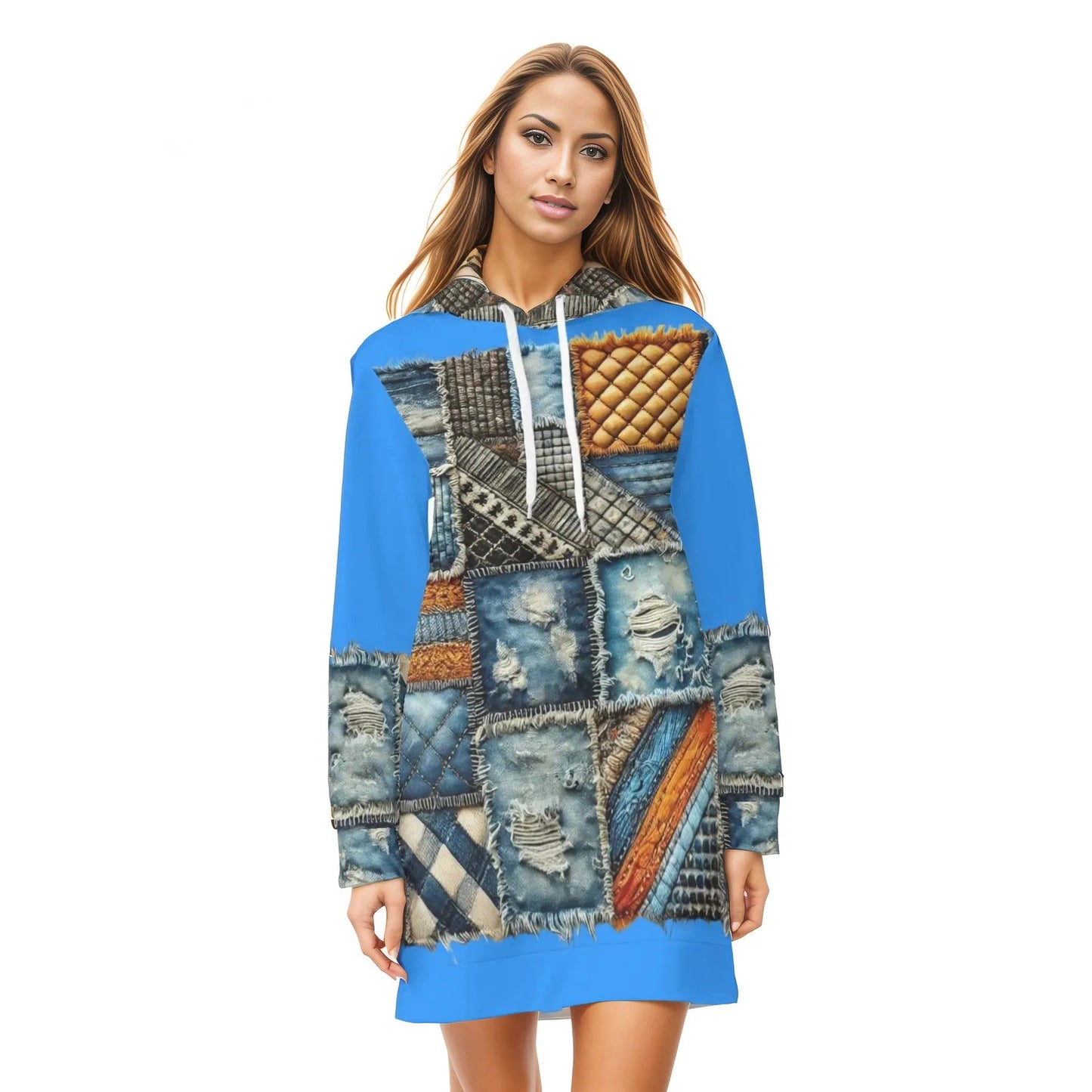 Womens Warm Velvet Pullover Hoodie Dress Denim Patchwork Print