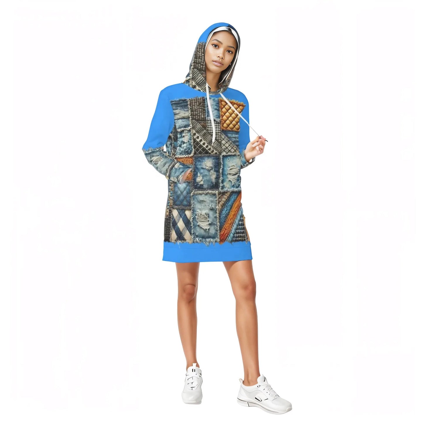 Womens Warm Velvet Pullover Hoodie Dress Denim Patchwork Print