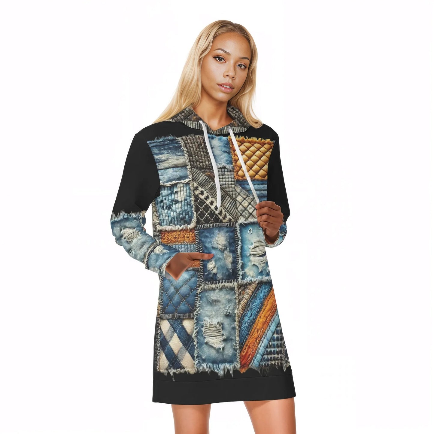 Womens Warm Velvet Pullover Hoodie Dress Denim Patchwork Print