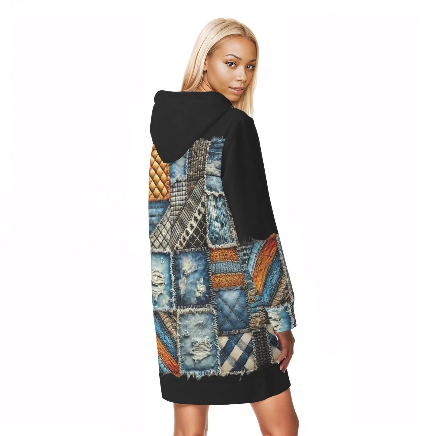 Womens Warm Velvet Pullover Hoodie Dress Denim Patchwork Print