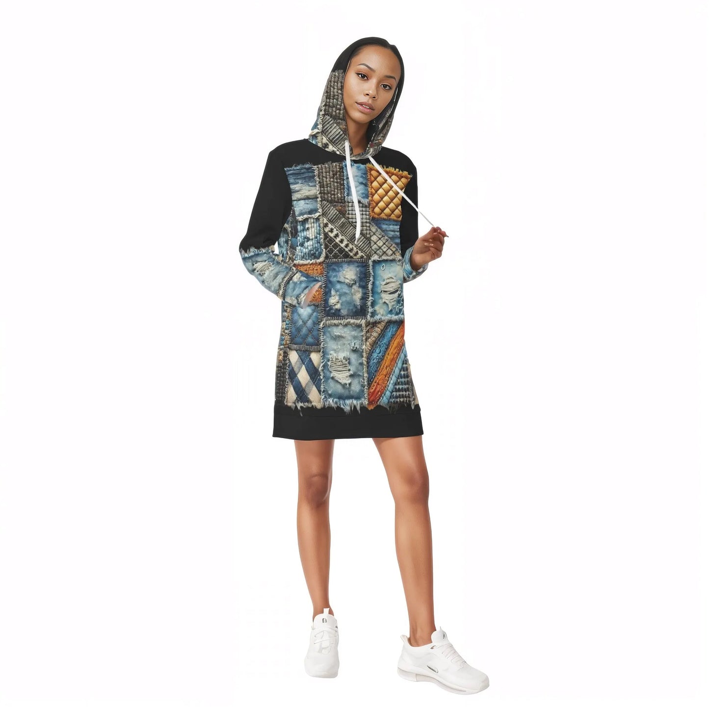 Womens Warm Velvet Pullover Hoodie Dress Denim Patchwork Print