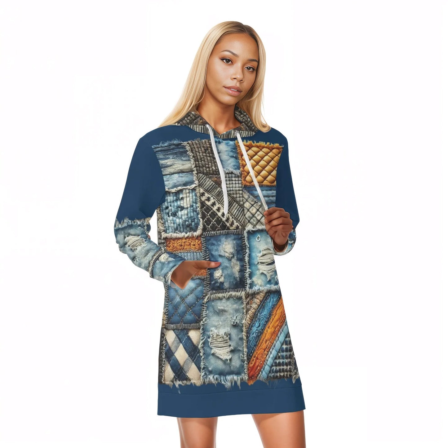 Womens Warm Velvet Pullover Hoodie Dress Denim Patchwork Print