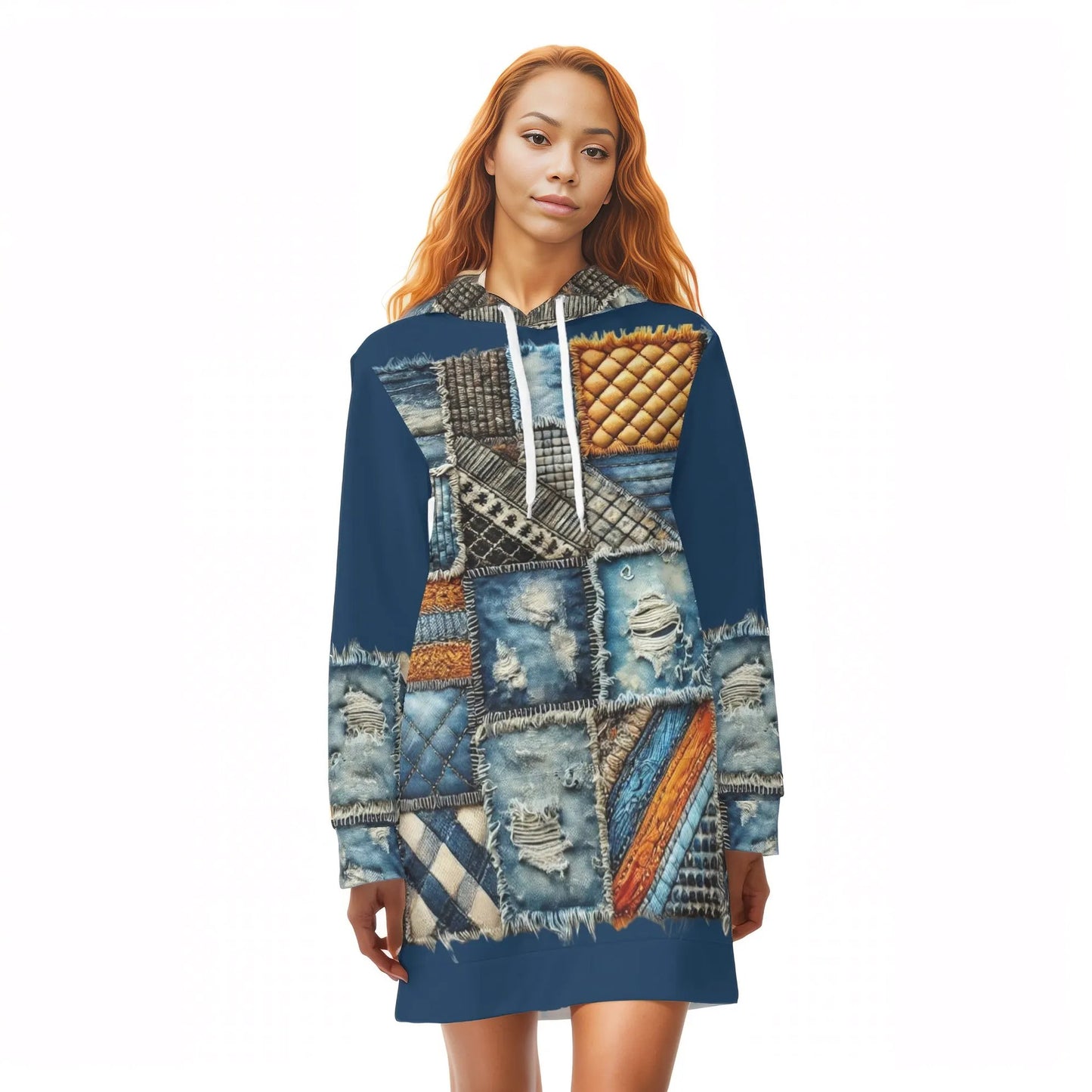 Womens Warm Velvet Pullover Hoodie Dress Denim Patchwork Print