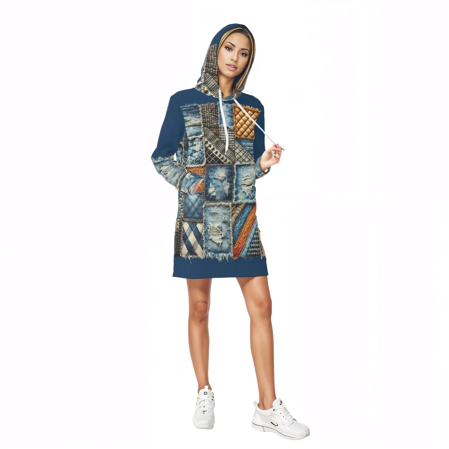 Womens Warm Velvet Pullover Hoodie Dress Denim Patchwork Print