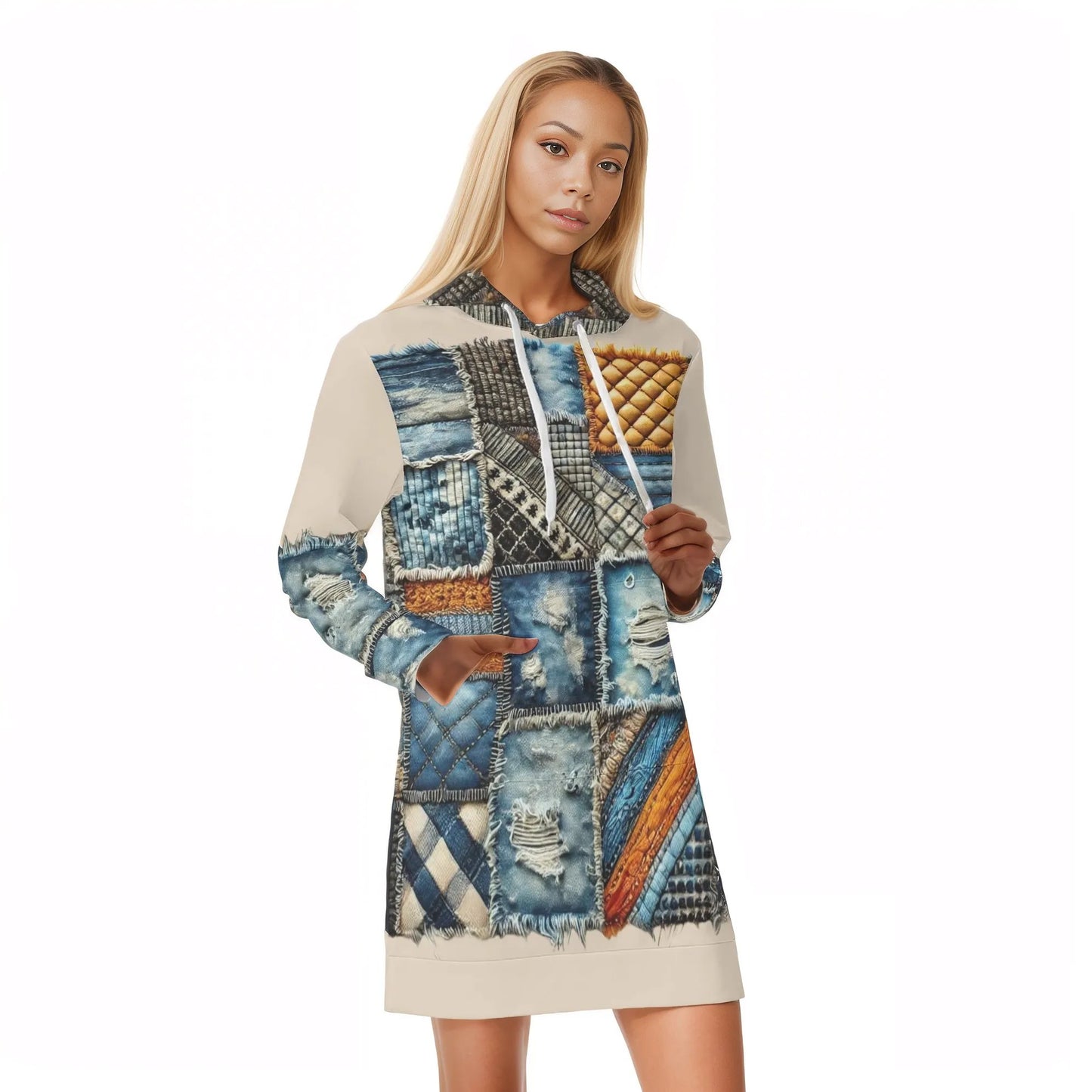 Womens Warm Velvet Pullover Hoodie Dress Denim Patchwork Print