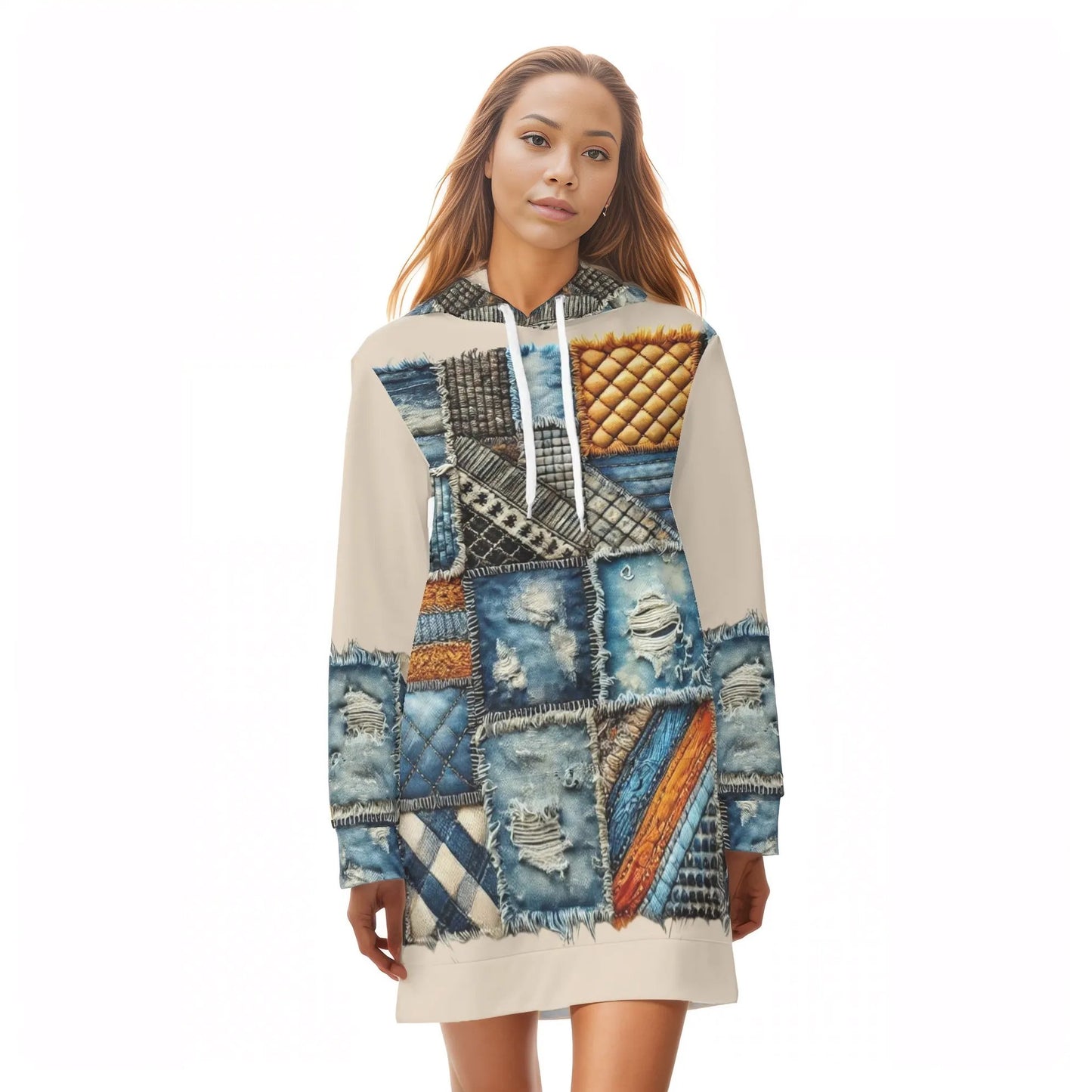 Womens Warm Velvet Pullover Hoodie Dress Denim Patchwork Print