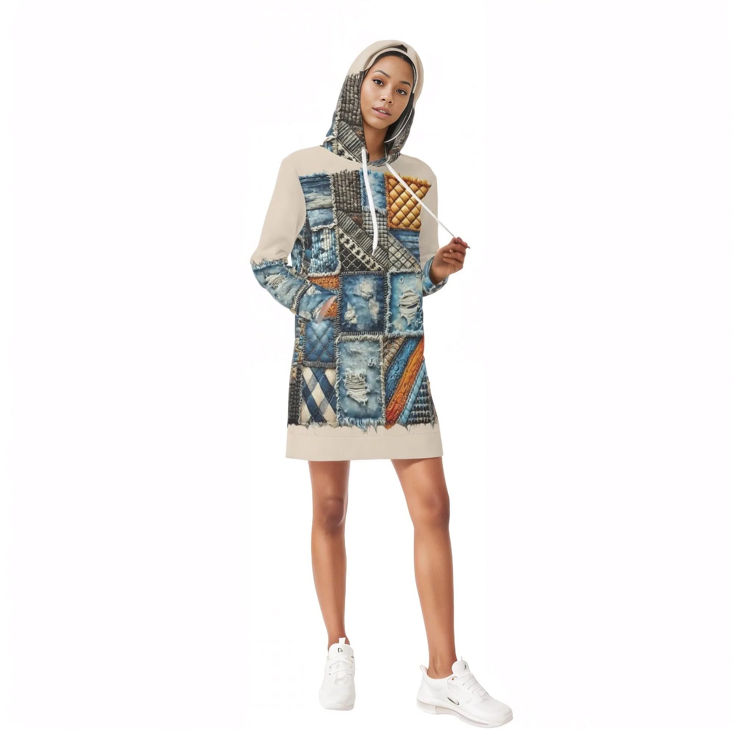 Womens Warm Velvet Pullover Hoodie Dress Denim Patchwork Print