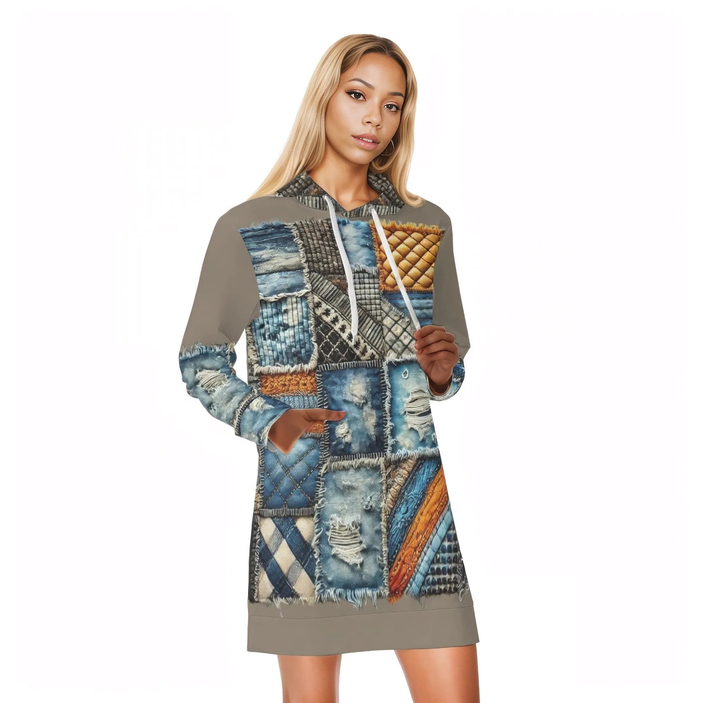 Womens Warm Velvet Pullover Hoodie Dress Denim Patchwork Print