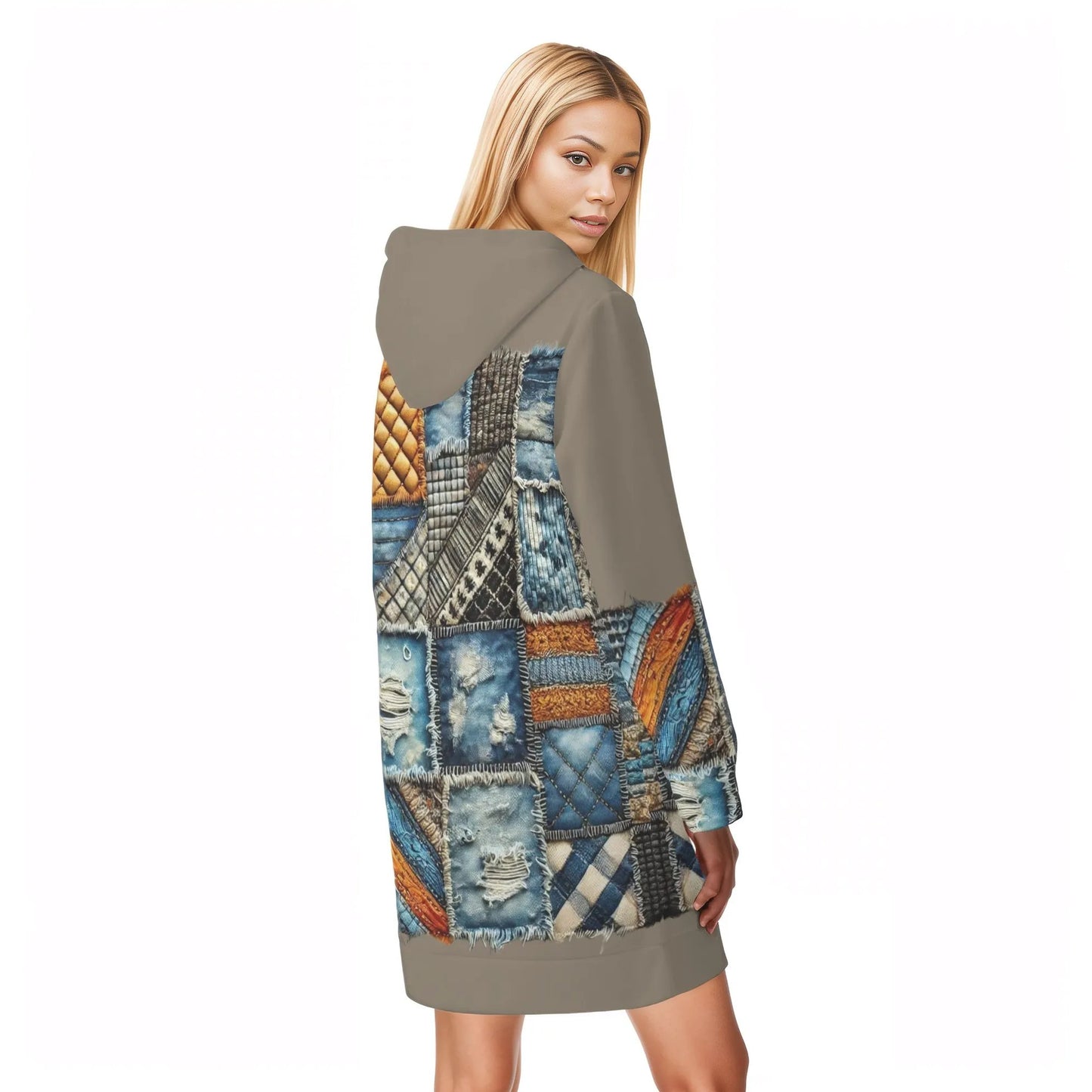 Womens Warm Velvet Pullover Hoodie Dress Denim Patchwork Print