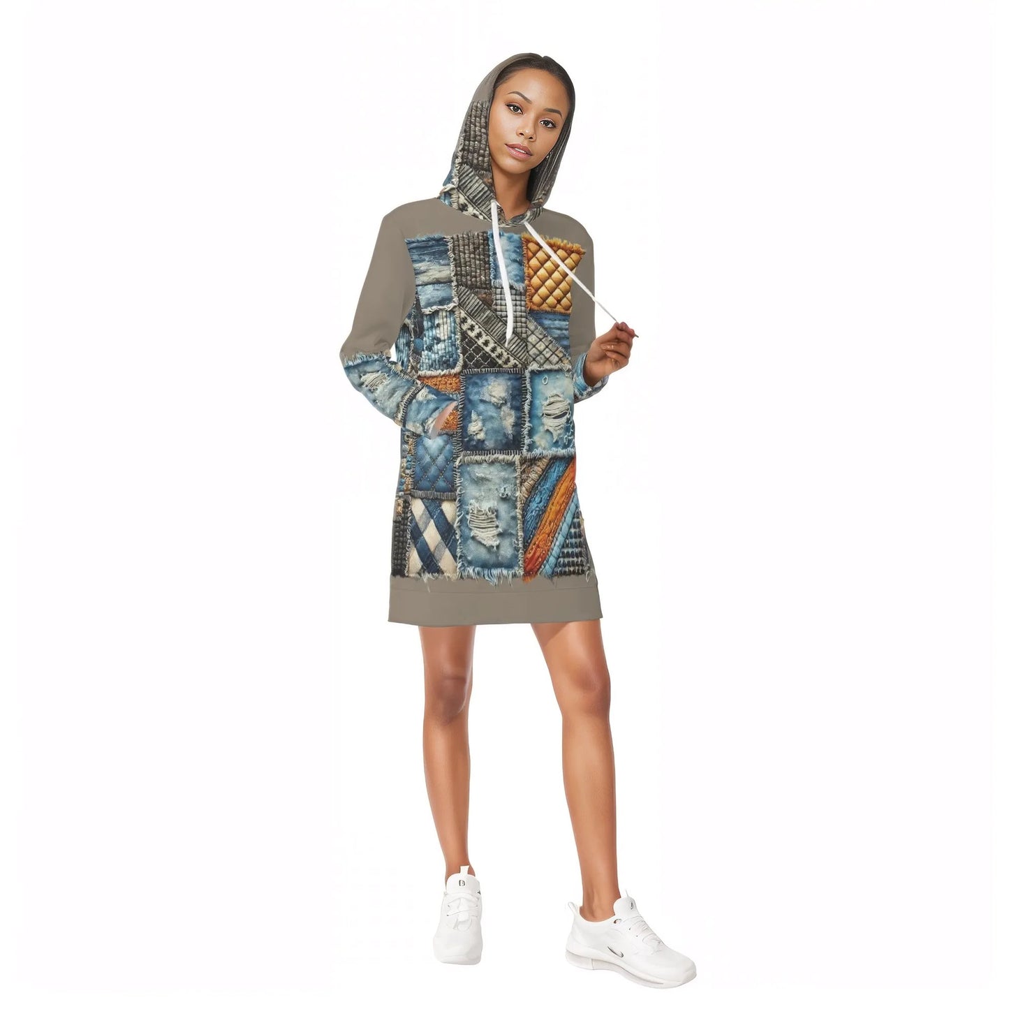 Womens Warm Velvet Pullover Hoodie Dress Denim Patchwork Print