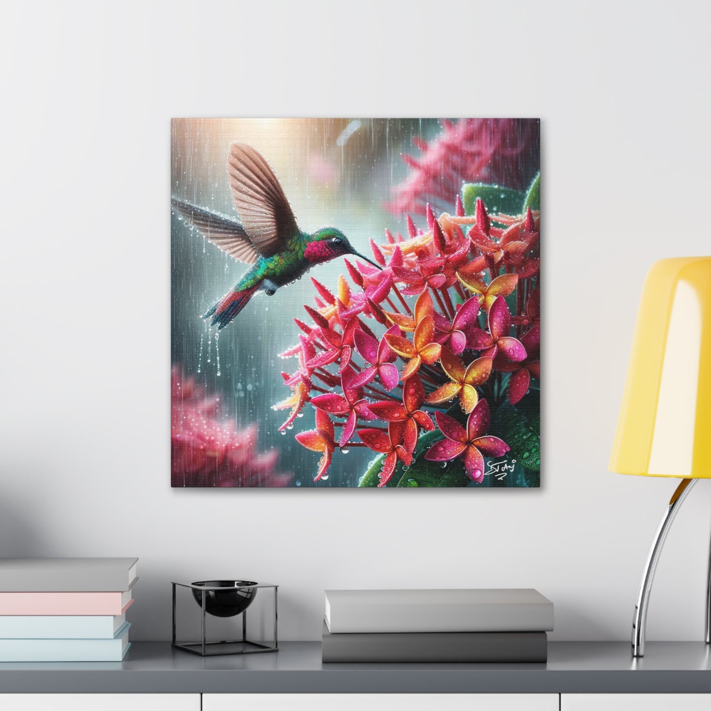 Print of Hummingbird in the Rain Hovering over Ixora Flower, Oil Paint Finish, Caribbean, Tropical, Canvas Gallery Wraps