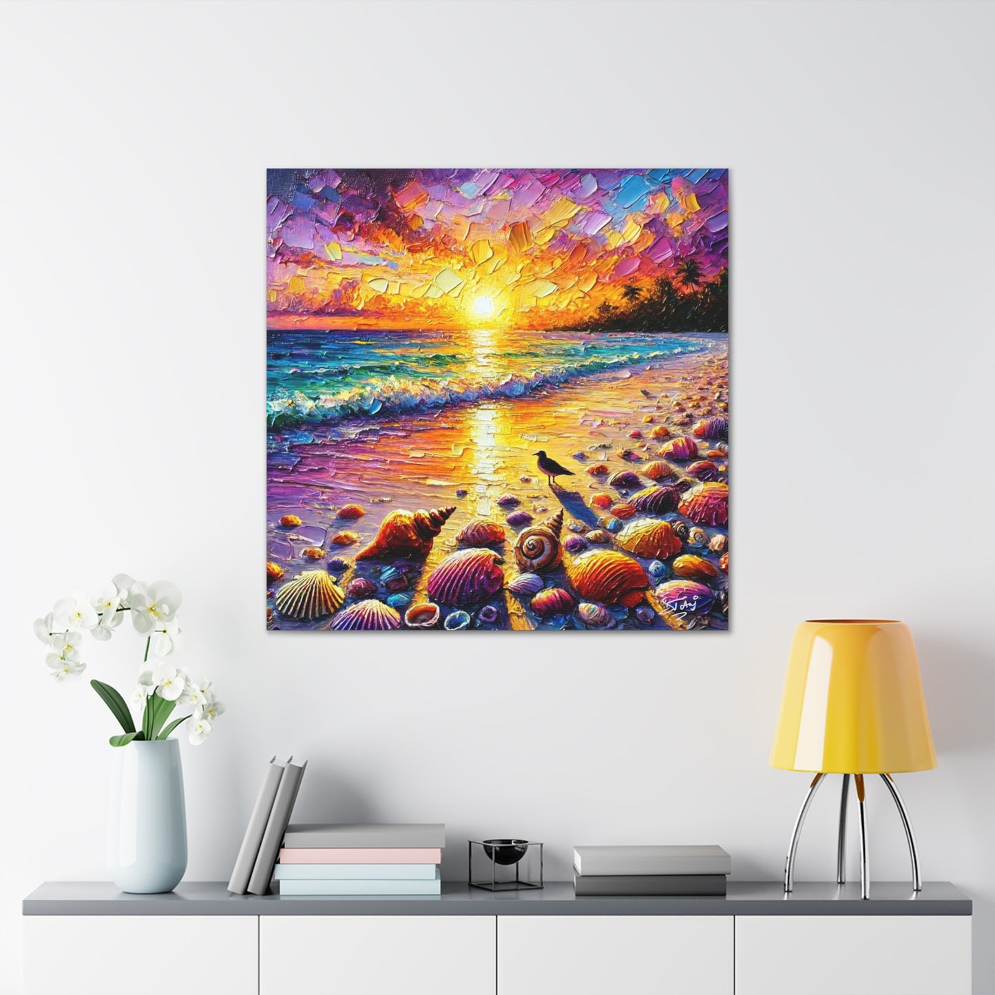 Art Print, Seashells on Caribbean Beach, Sunset, Semi-Abstract, Oil Painting, West Indian Art, Canvas Gallery Wraps