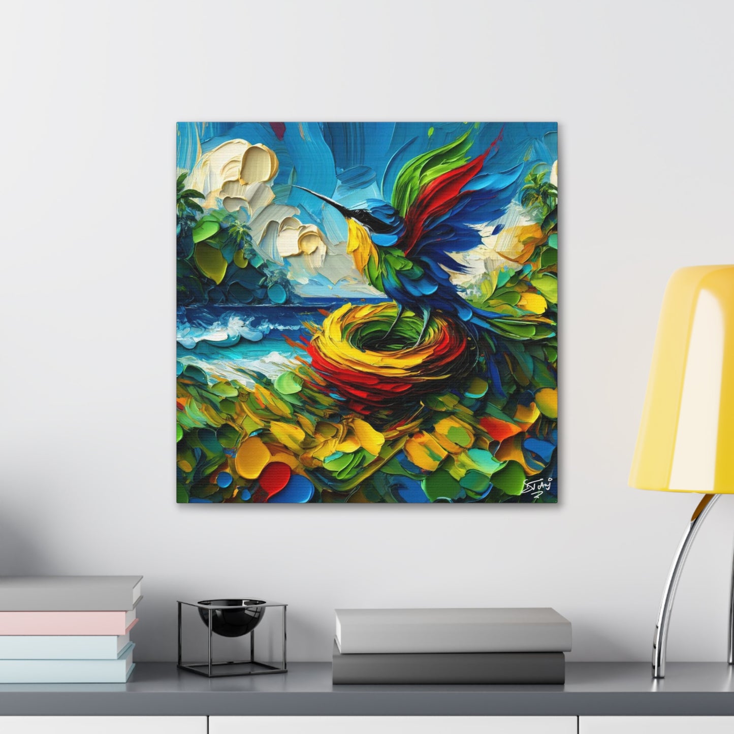 Art Print, Hummingbird, Oil Finish, Caribbean Nature, Cultural, Heritage, Semi-Abstract, Canvas Gallery Wrap