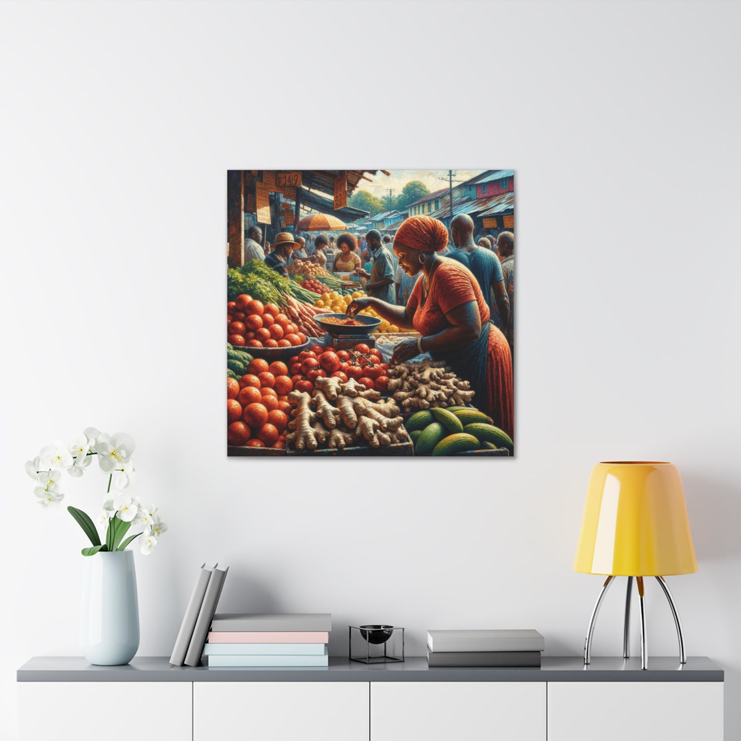 Art Print#7, "Selling at the Market", Market Scene in Trinidad, Caribbean, Oil Finish, West Indian Art, Canvas Gallery Wraps