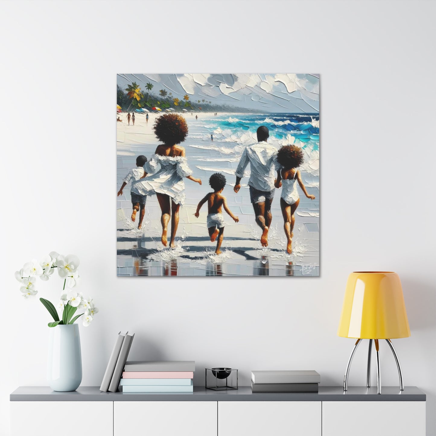 Art Print, Afro-Caribbean Family on the Beach, Oil Finish, West Indian Ethnicity, Cultural, Heritage, Semi-Abstract, Canvas Gallery Wrap