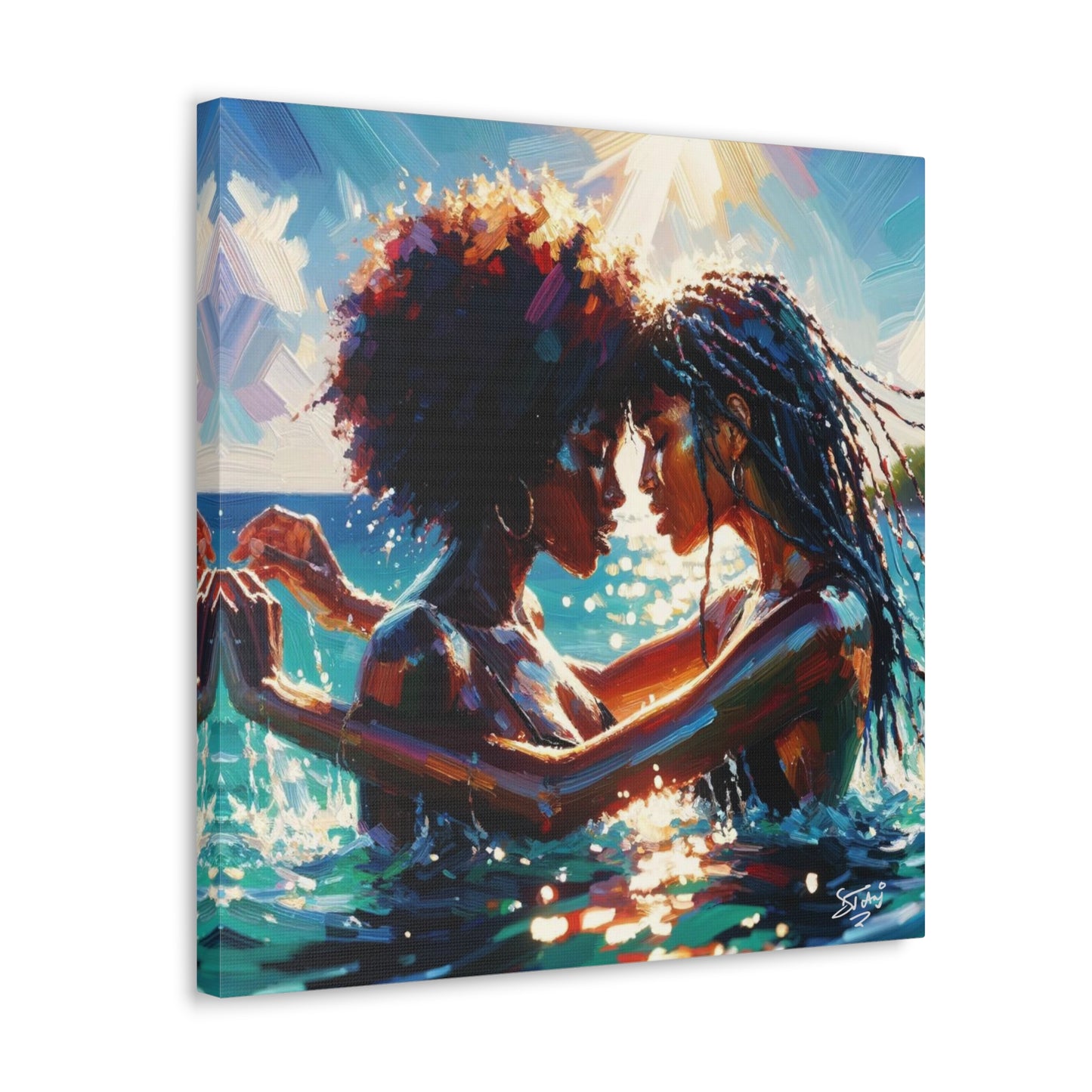 Art Print, Caribbean Couple, "In Our World" Semi-Abstract Oil Finish, West Indian Ethnicity, Cultural, Heritage, Abstract, Canvas Gallery Wrap