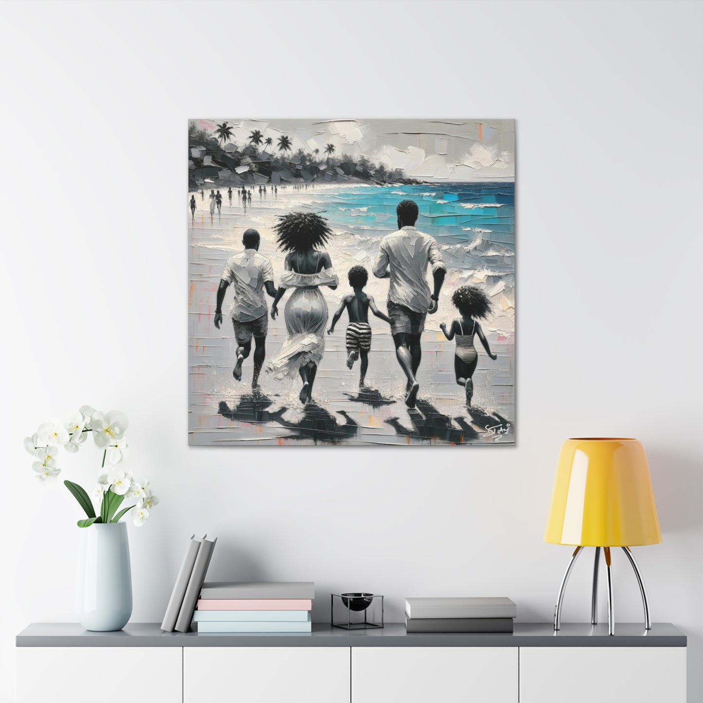 Art Print, Afro-Caribbean Family on the Beach, Oil Finish, West Indian Ethnicity, Cultural, Heritage, Semi-Abstract, Canvas Gallery Wrap