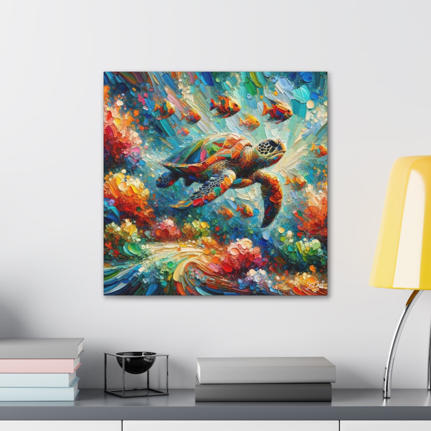 Art Print, Turtle & Fish in Reef, Oil Finish, Caribbean Nature, Cultural, Heritage, Semi-Abstract, Canvas Gallery Wrap