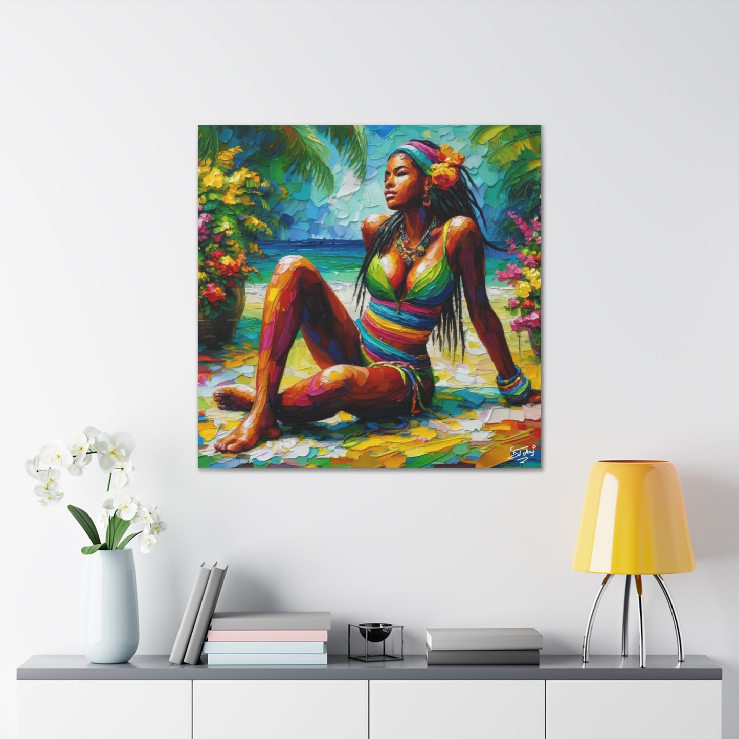 Art Print, Caribbean Woman, "Relaxing" Oil Finish, West Indian Ethnicity, Cultural, Heritage, Abstract, Canvas Gallery Wrap