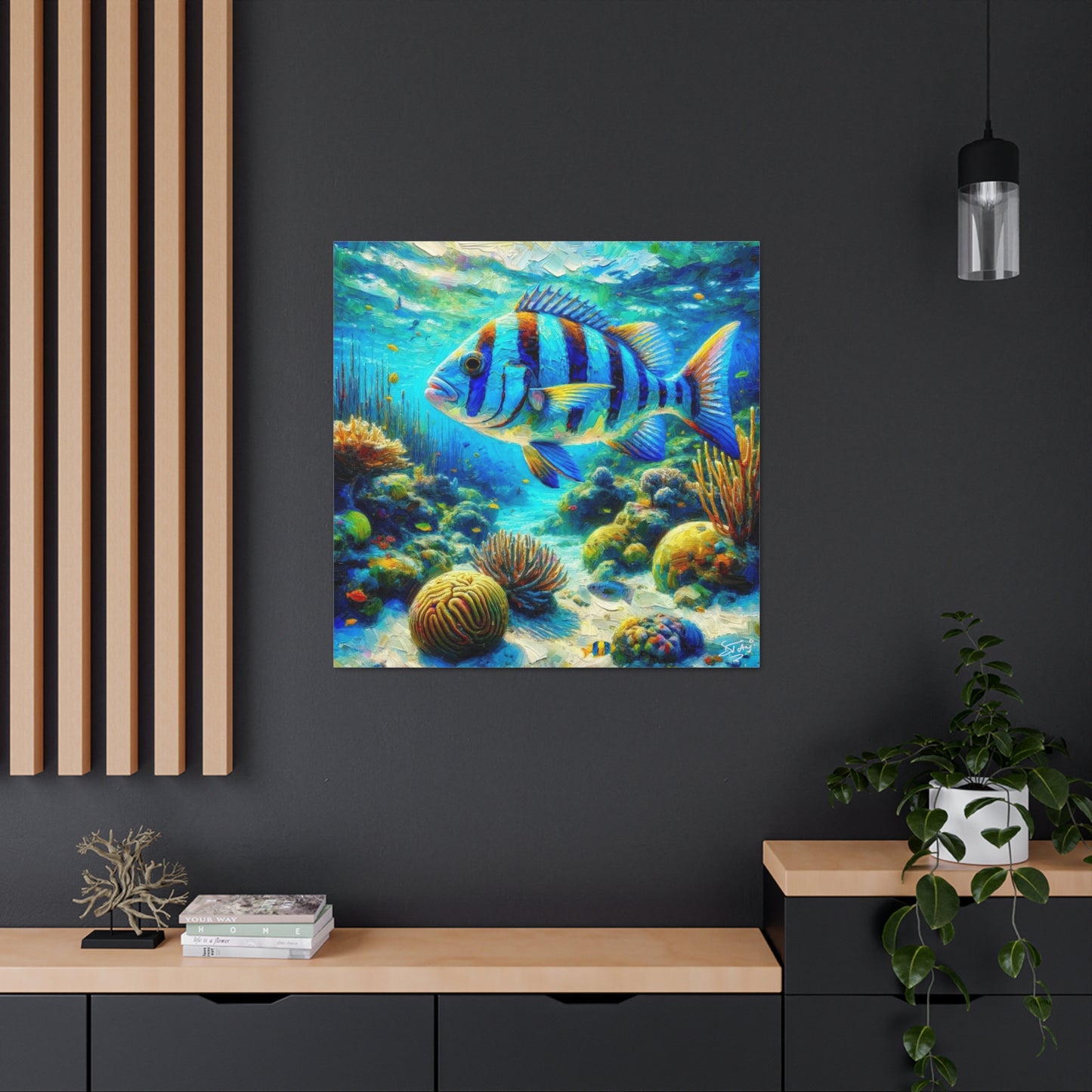 Art Print, Blue-Striped Grunt Fish in Coral Reef, Oil Finish, Caribbean Nature, Semi-Abstract, Canvas Gallery Wrap