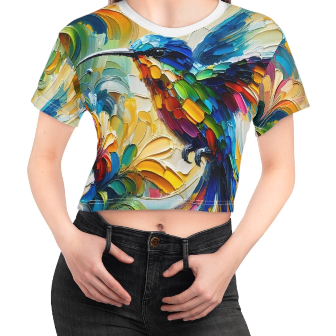 Women's Silky Soft Crop Tee (AOP) Humming Bird Print