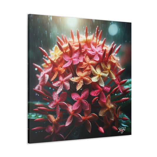 Print of Ixora Flower in The Rain, Caribbean, Vibrant and Vivid Colors of Ixora flowers, Trinidad and Tobago, Canvas Gallery Wraps